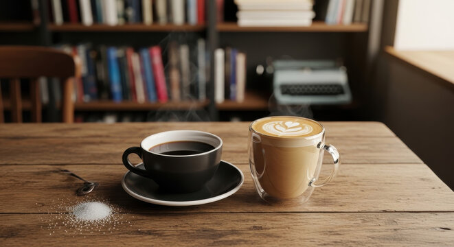 Two cups of coffee on a wooden table, one black and one latte with latte art, with a saucer, spoon, and sugar, in a cozy study room with bookshelves and a typewriter in the background.