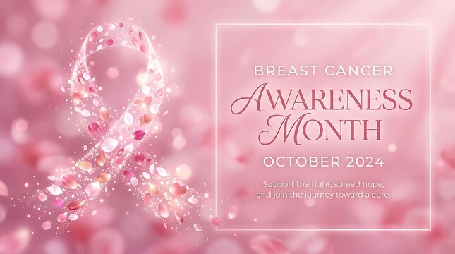 Pink ribbon background for breast cancer day awareness month featuring elegant glowing lights and soft bokeh effects