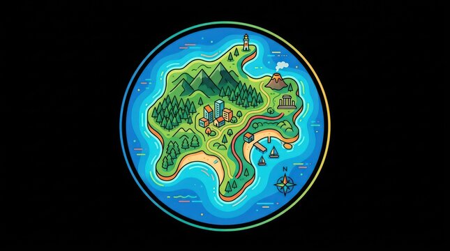 Tropical island map icon. Illustrated fantasy world map for adventure games and travel.