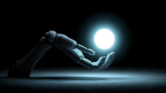 emerging from darkness holding a glowing orb of data, dramatic lighting, futuristic concept