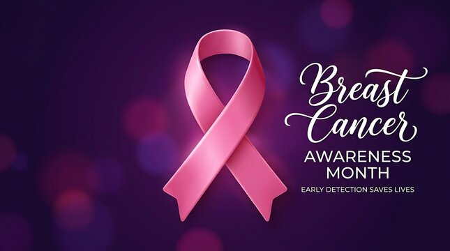 Pink ribbon symbol for breast cancer day and awareness month on a dark purple bokeh background