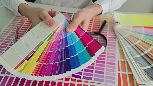 Choosing colors from a color palette with hands holding swatches and comparing shades and tones