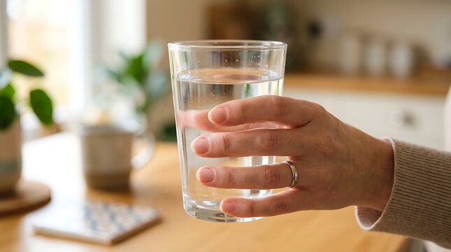 Person holding a clear glass of fresh water in a bright kitchen setting