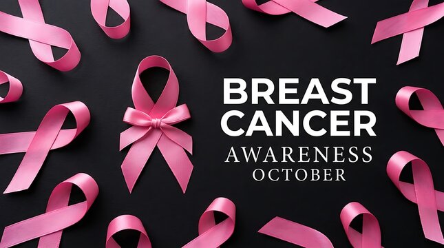 Pink ribbons arranged on a black background for breast cancer day awareness campaign in the month of october
