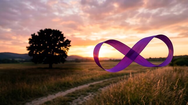 Conceptual infinity symbol representing hope and awareness for breast cancer day in a beautiful sunset landscape
