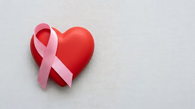 Red heart shape decorated with a pink ribbon for breast cancer day awareness campaign on white background