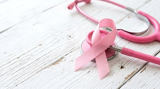 Pink ribbon and stethoscope on a white wooden background for breast cancer day awareness and medical support