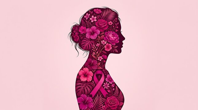 Floral silhouette of a woman for breast cancer day awareness campaign with pink ribbon and flowers