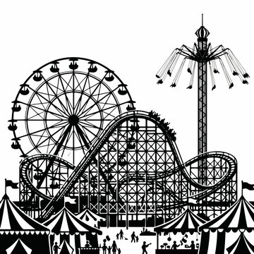 Amusement Park Illustration - Ferris Wheel and Roller Coaster Vector Set