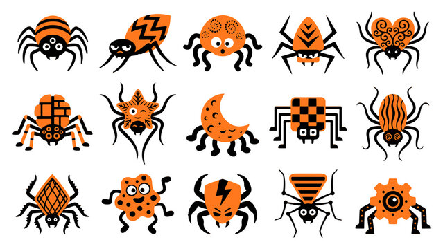 Set of cute cartoon spiders with orange patterns isolated on white background for fun halloween decoration and festive design projects