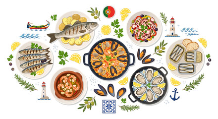 Fototapeta premium Portugal Atlantic Seafood Collection with 10 Traditional Coastal Foods, Flag and Travel Icons