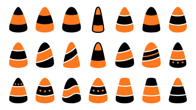 Set of various halloween candy corn illustrations featuring different patterns and colors isolated on a white background for festive designs