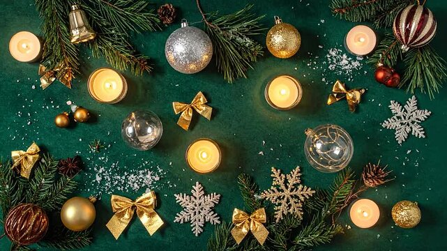 Christmas flat lay with ornaments candles and pine branches