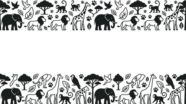 Seamless Border Frame with African Safari Animals and Tropical Foliage