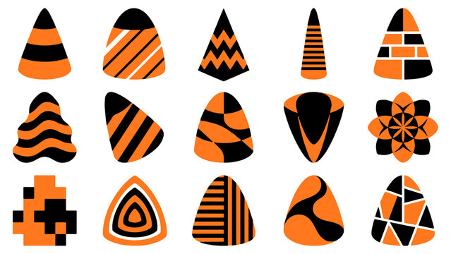 Set of decorative candy corn shapes with various patterns for a festive halloween celebration design element isolated on white background