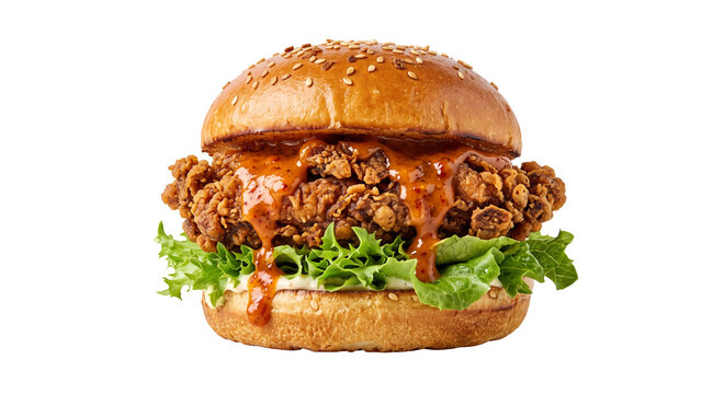 Juicy fried chicken burger with spicy sauce and fresh lettuce on a sesame seed bun