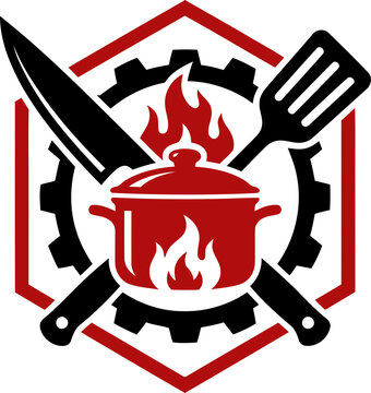 Culinary kitchen logo design with hot pot flame crossed knife spatula and gear emblem vector illustration