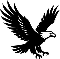 Obraz premium Black and white eagle silhouette illustration featuring a majestic bird of prey soaring with wide wings spread in flight