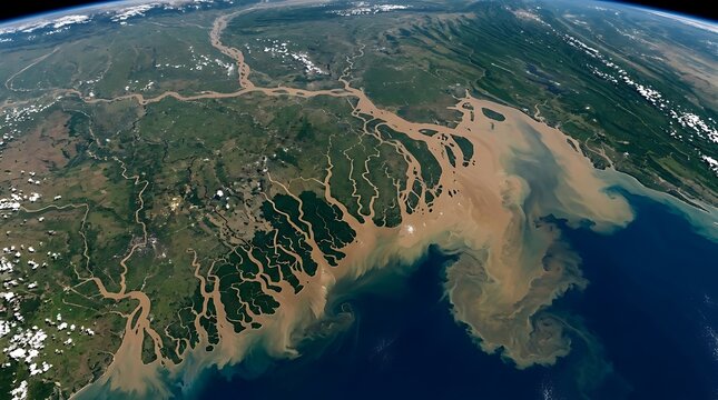 Aerial satellite view of the Betsiboka River delta in Madagascar flowing