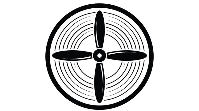 Professional black and white vector illustration featuring a stylized vintage airplane propeller inside circular frame lines