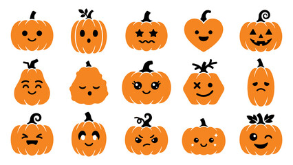 Naklejka premium Set of cute hand drawn pumpkins with various funny faces for halloween celebration and autumn seasonal holiday design projects