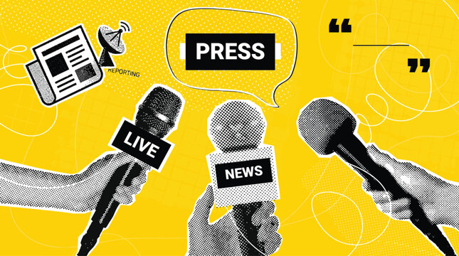 Journalism and press conference vector illustration, hands holding microphones for live news report, media interview collage on yellow background
