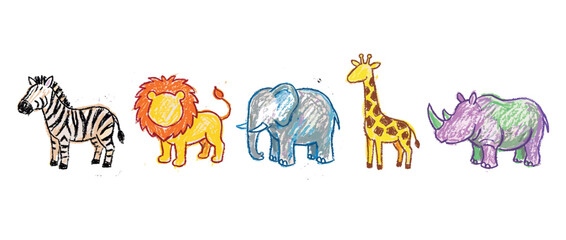 Obraz premium Safari animal icons set. African wildlife and nature concept. Includes zebra, lion, elephant, giraffe, rhinoceros. Hand-drawn crayon style