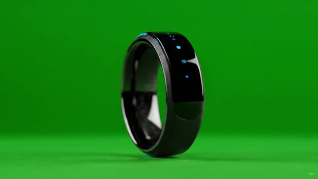 Smart ring wearable technology on green screen, Futuristic health tracker jewelry, Biometric sensor device for fitness monitoring and sleep tracking with Green Screen Animation.