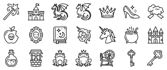 Fototapeta premium Fairy tale icons set. Fantasy stories and magic concept. Includes magic wand, castle, dragon, crown, glass slipper, poisoned apple, mirror, spell book, unicorn, cauldron, well, frog prince,