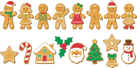 Obraz premium Funny Cartoon Christmas People and Animal Character Set with Gingerbread Boy Teddy Bear Kids Tree Cookies Holiday Stickers Vector Illustration Collection Design Pattern Icon Art