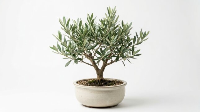 Bonsai olive tree with small green leaves in a shallow beige pot.