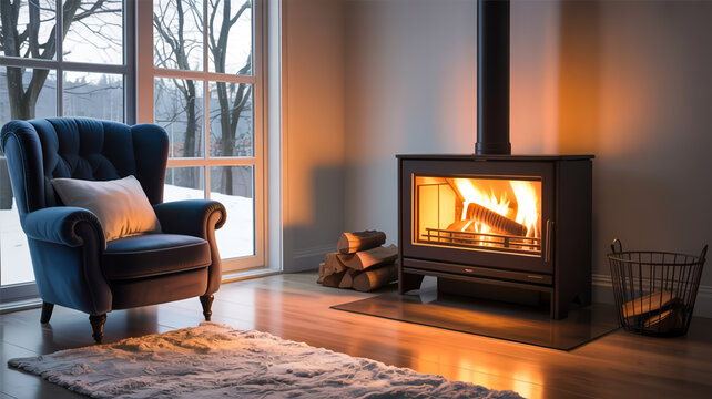 Cozy Living Room Interior Featuring A Warm Fireplace And Plush Blue Armchair For A Relaxing Winter Atmosphere