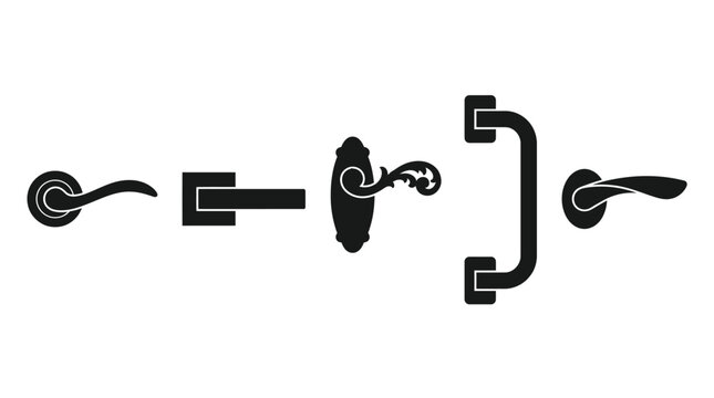 Door handle silhouettes on a white background collection of styles