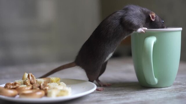 A brown domestic rat exploring a wooden table near a plate of walnuts, bread crumbs, and a green mug. Home interior, feeding and curiosity
