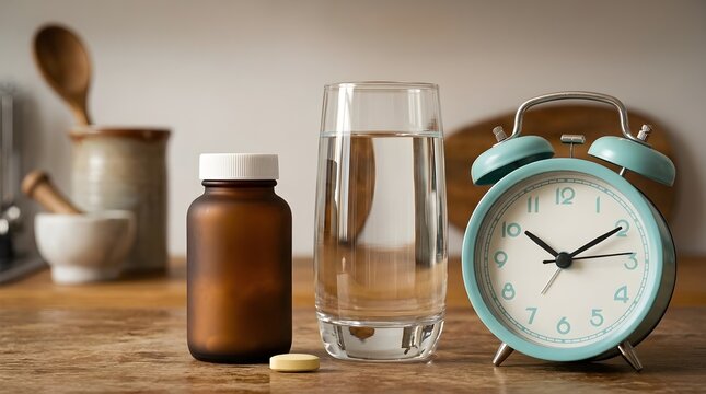 Daily medication reminder concept with alarm clock pill bottle and glass of water on wooden table
