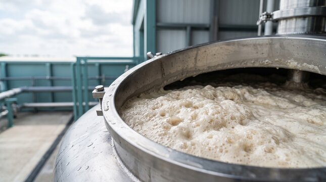 Yeast fermentation process in brewing tank with frothy liquid  
