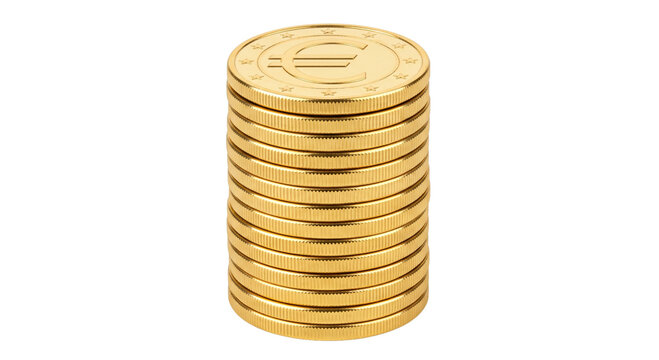 Stack of shiny gold euro coins with euro symbol on top coin