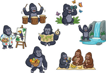 Cute Cartoon Gorilla Activity Collection with Adventure, Art, Music and Nature Vector Illustrations