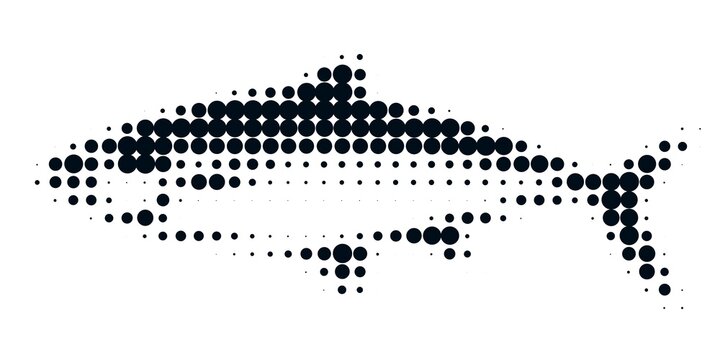Dotted shark silhouette. Abstract vector illustration of a big fish in black and white halftone pattern style