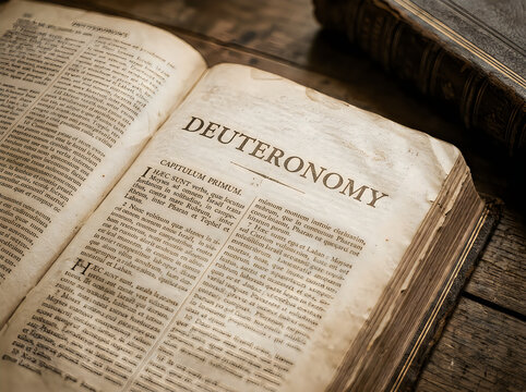Open holy bible showing Deuteronomy. Ancient scripture book on a rustic wooden table.