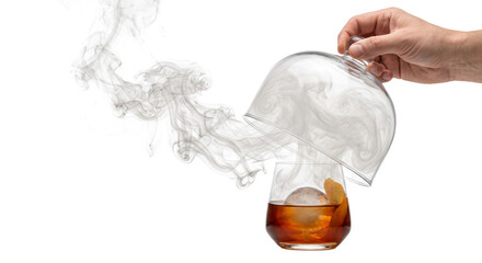 Hand lifting glass dome revealing smoky cocktail with large ice sphere and orange peel © Sapphire