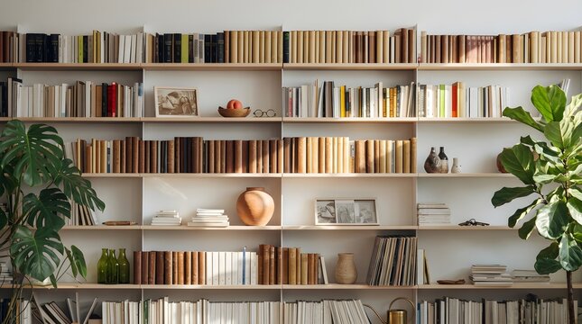 Modern Minimalist Wooden Wall Shelving Unit Filled With Books and Decorative Houseplants in a Bright Contemporary Home Living Room