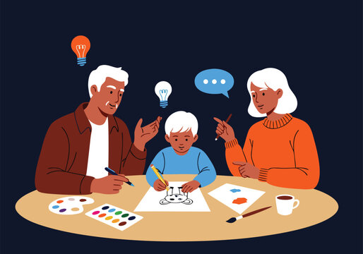Vector illustration of grandparents and grandson painting together at a table, sharing creative ideas in a cozy home setting, front view.