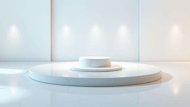 Minimalist stage. White pedestal, circular platforms. Soft lighting creates dramatic presentation space. Clean, modern design.