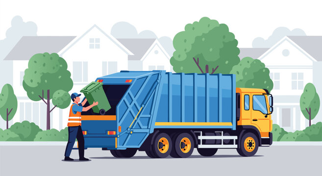 Sanitation worker emptying green trash bin into garbage truck in suburban neighborhood street, side view flat vector illustration.