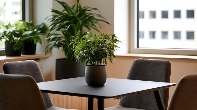 A modern indoor setting features a square table surrounded by chairs and potted plants near