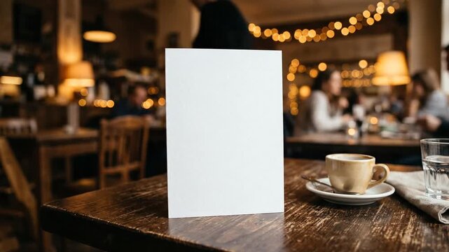 Blank white menu mockup on a wooden table in a cozy cafe.