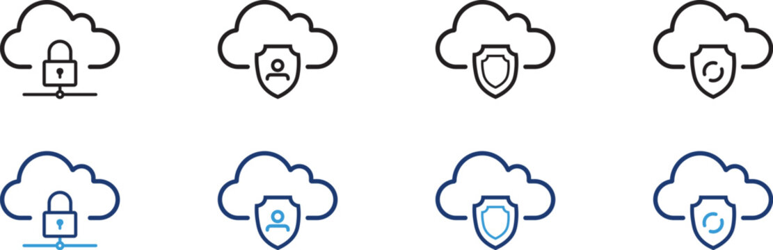 Cloud security lock icon in minimal outline style representing secure cloud computing. Cloud security system icon set in minimal outline style for data protection, network safety, and cybersecurity so