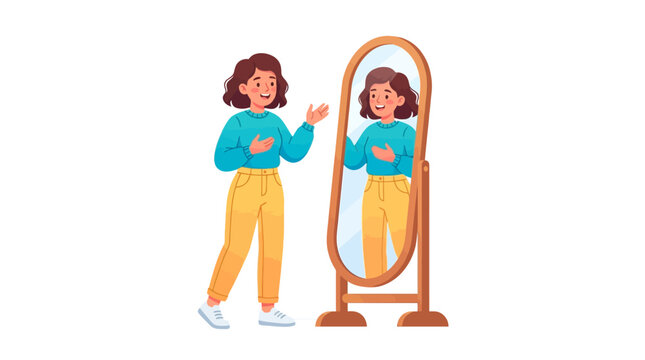 Person Smiling and Looking at Their Reflection in a Full-Length Mirror, Representing Self-Awareness, Self-Acceptance, and Confidence