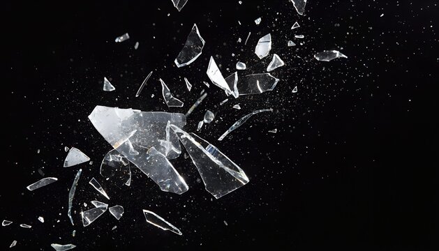 Exploding Shattered Glass Fragments Flying On A Deep Black Background High Speed Motion Action Shot